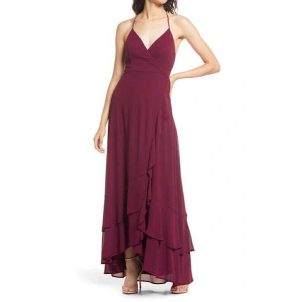 Lulu's Plum Purple In Love Forever Lace Up Back Chiffon Formal Maxi Gown S
